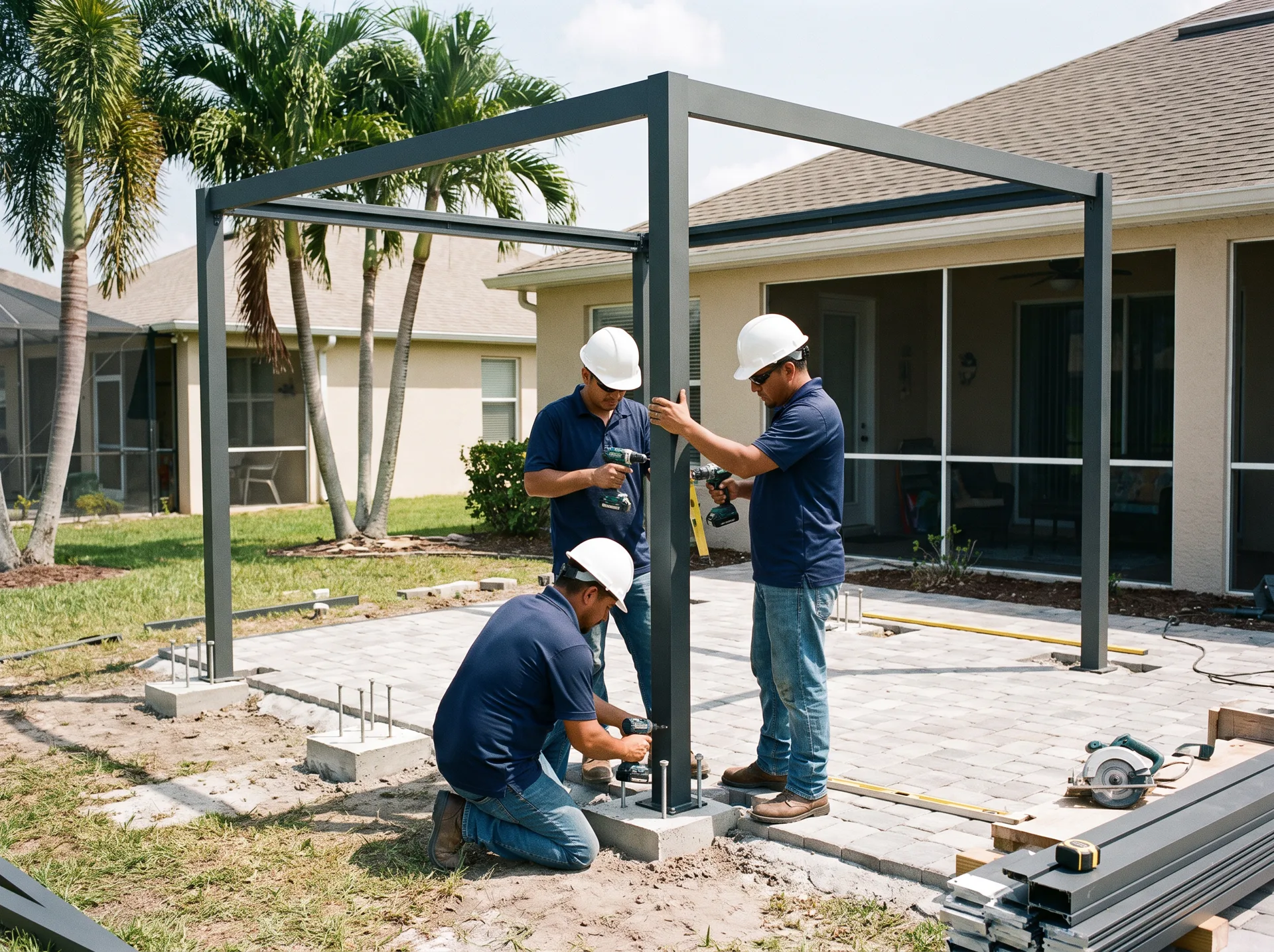 Pergola Services installation crew anchoring an aluminum pergola frame at a South Florida residential backyard
