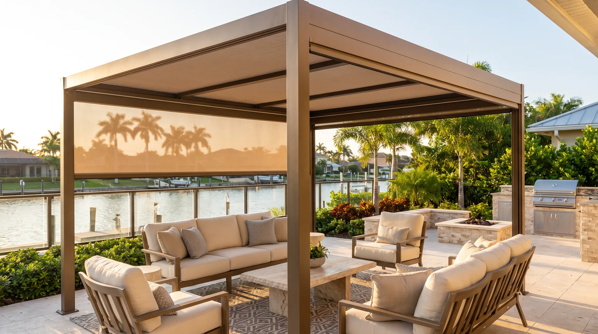 Aluminum pergola shading an outdoor living room beside a canal in Miami-Dade County, Florida