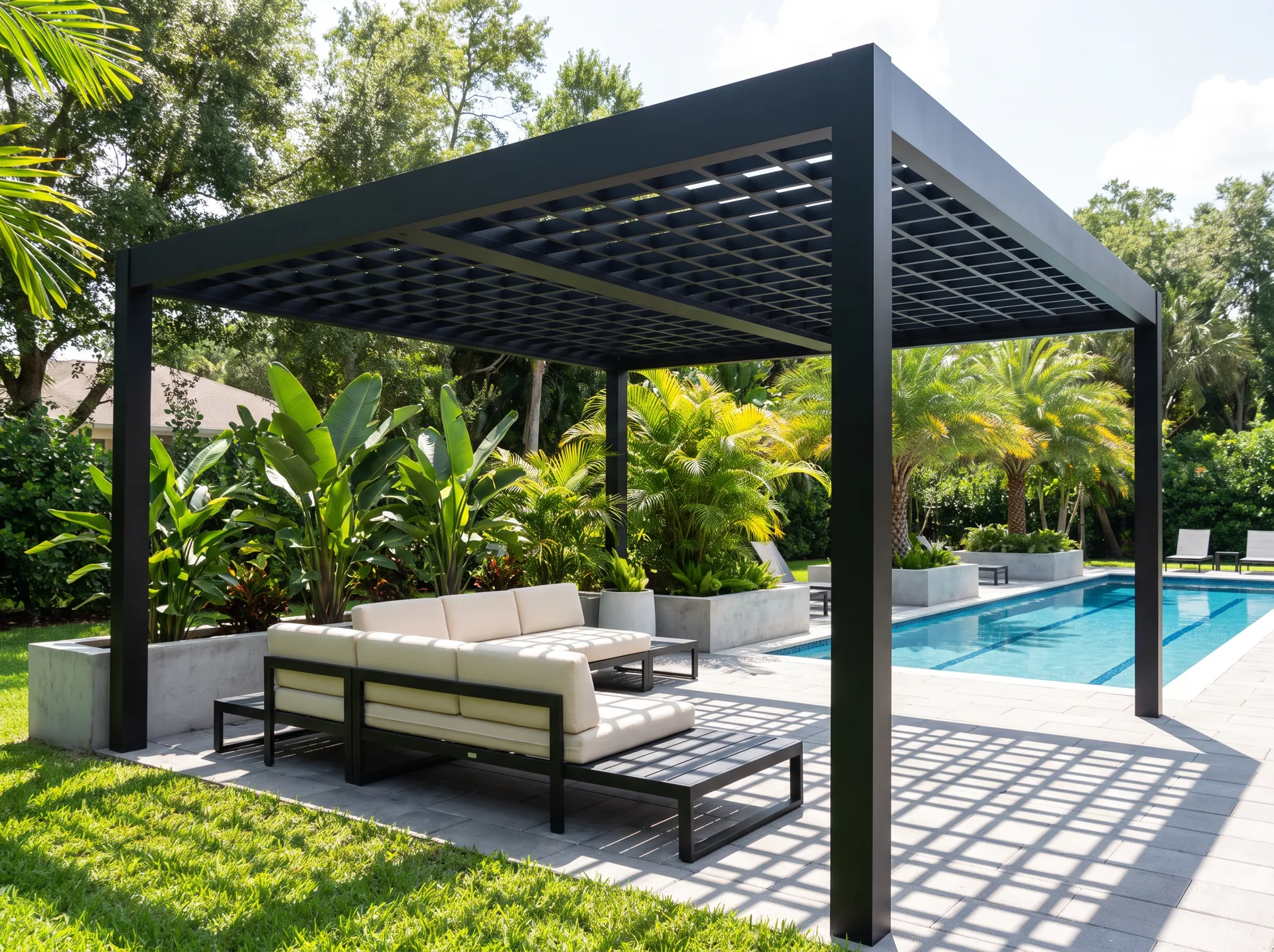 Modern matte black aluminum pergola over an outdoor sectional sofa in a Florida backyard