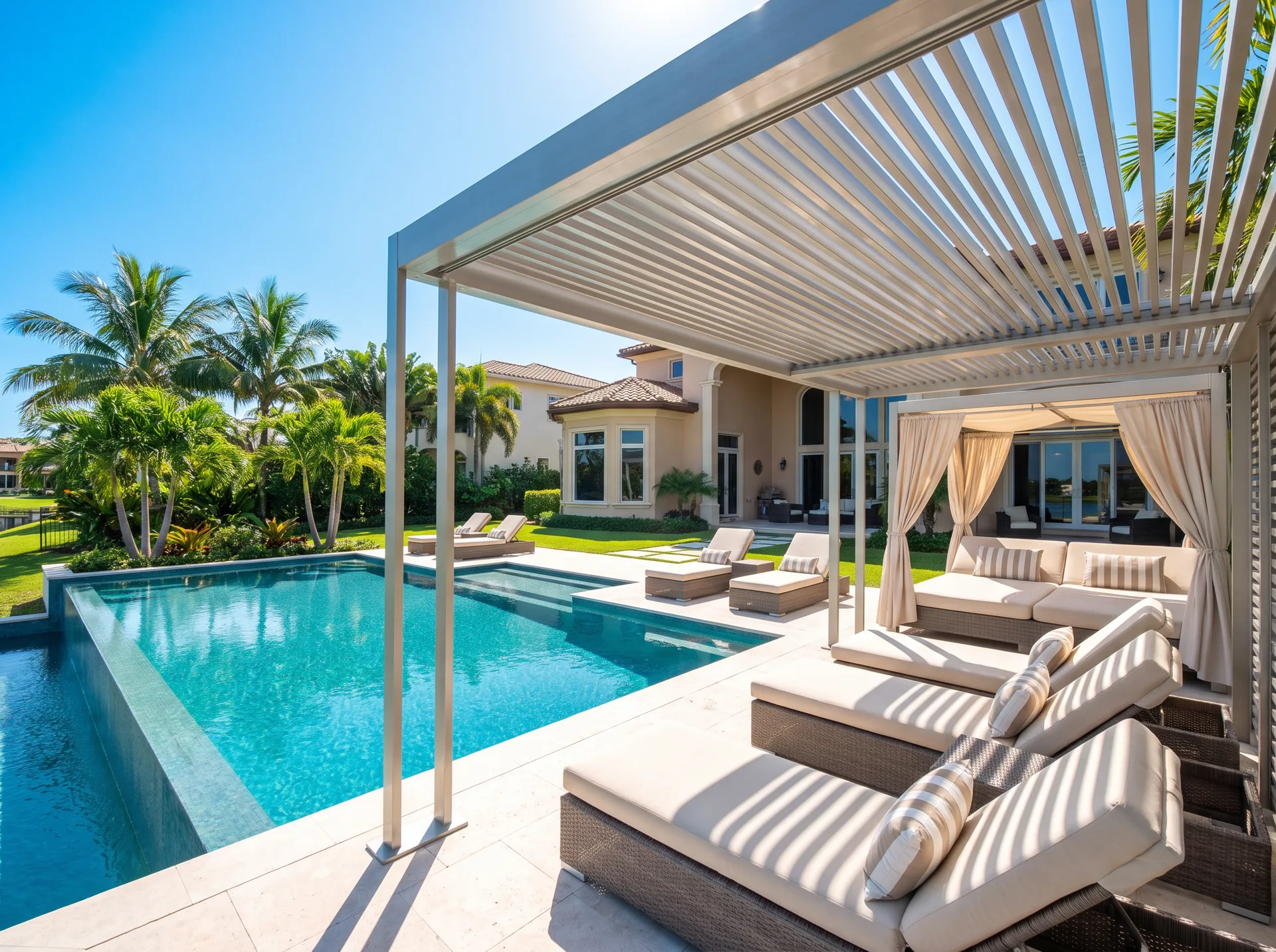 Poolside aluminum pergola shading cabana daybeds beside an infinity-edge pool