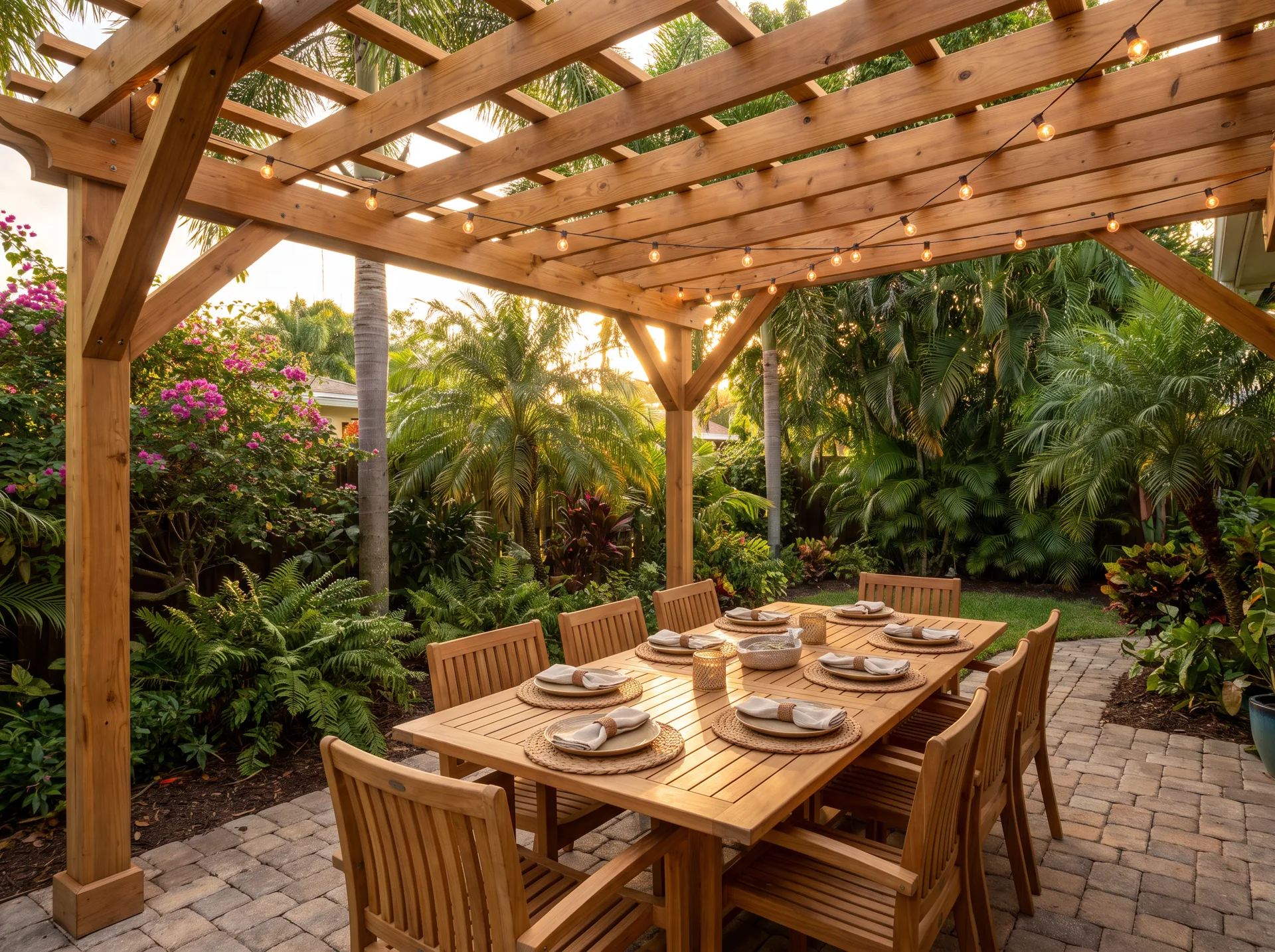 Warm cedar wood pergola over an outdoor dining table strung with lights