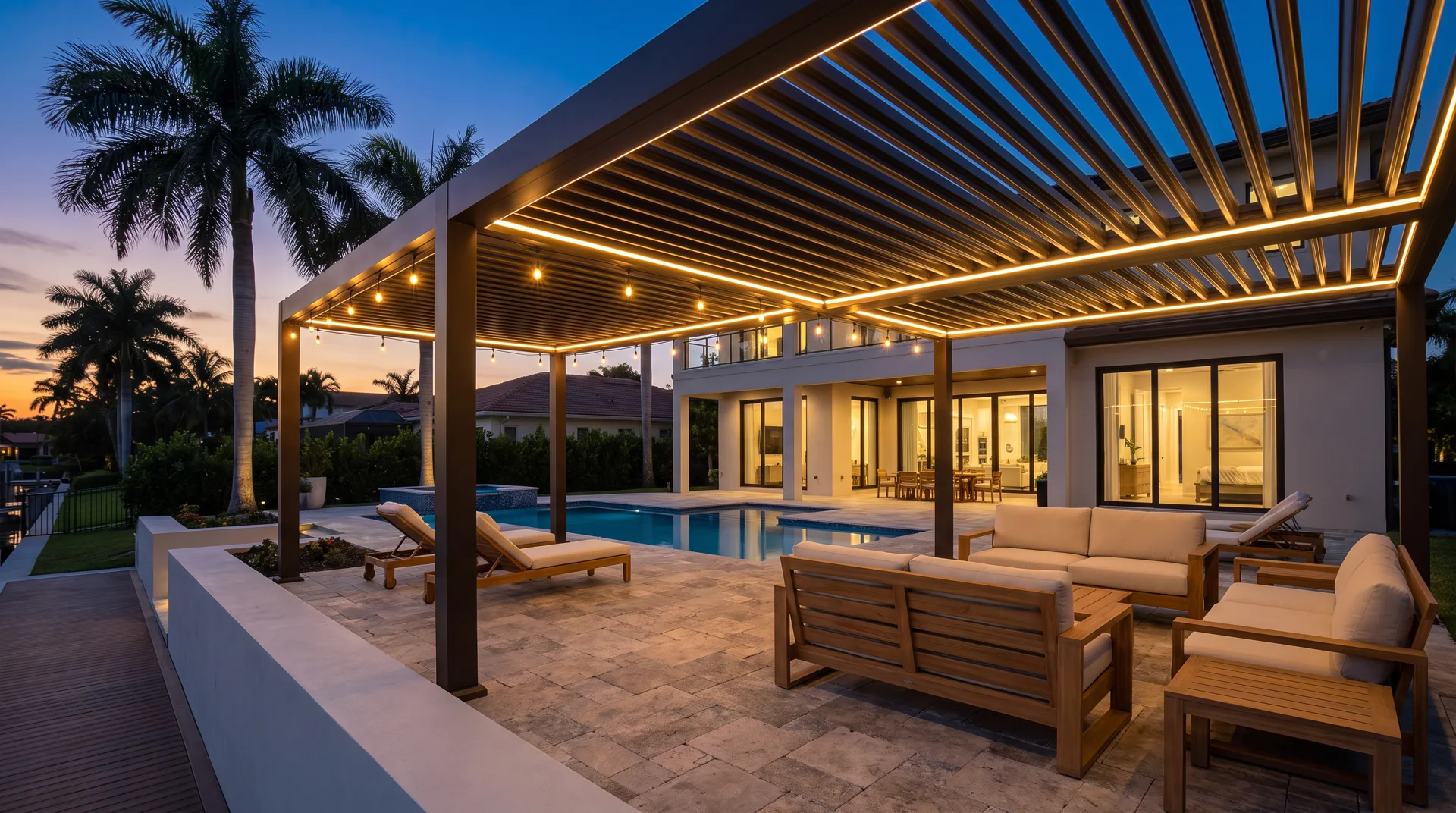 Modern louvered aluminum pergola with warm lighting over a poolside patio at dusk, South Florida