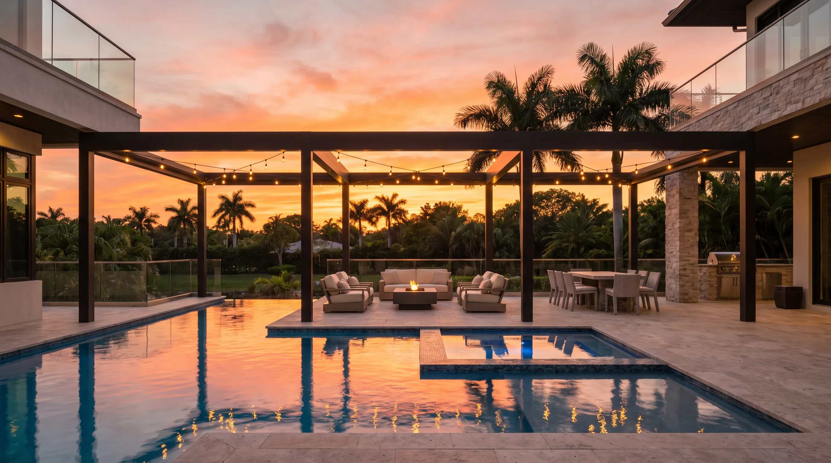 Modern aluminum pergola with warm string lighting over an infinity pool at golden hour dusk in a luxury South Florida backyard