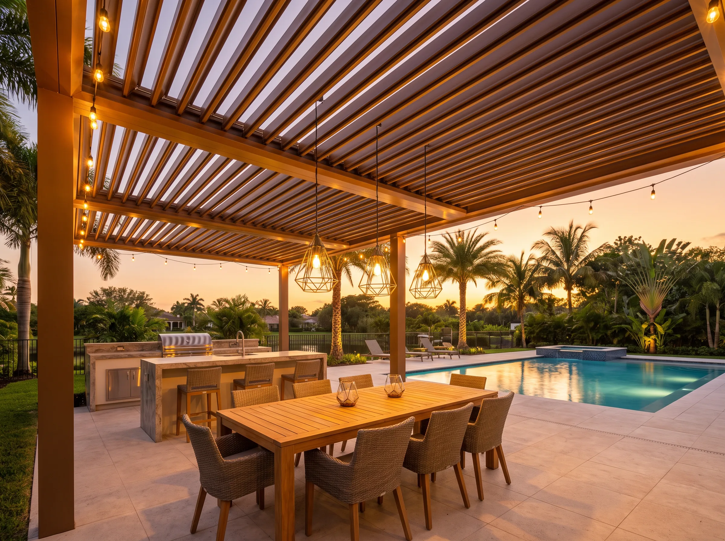 Bronze-finish motorized louvered aluminum pergola shading an outdoor kitchen and dining lounge beside a pool at golden hour in a South Florida backyard