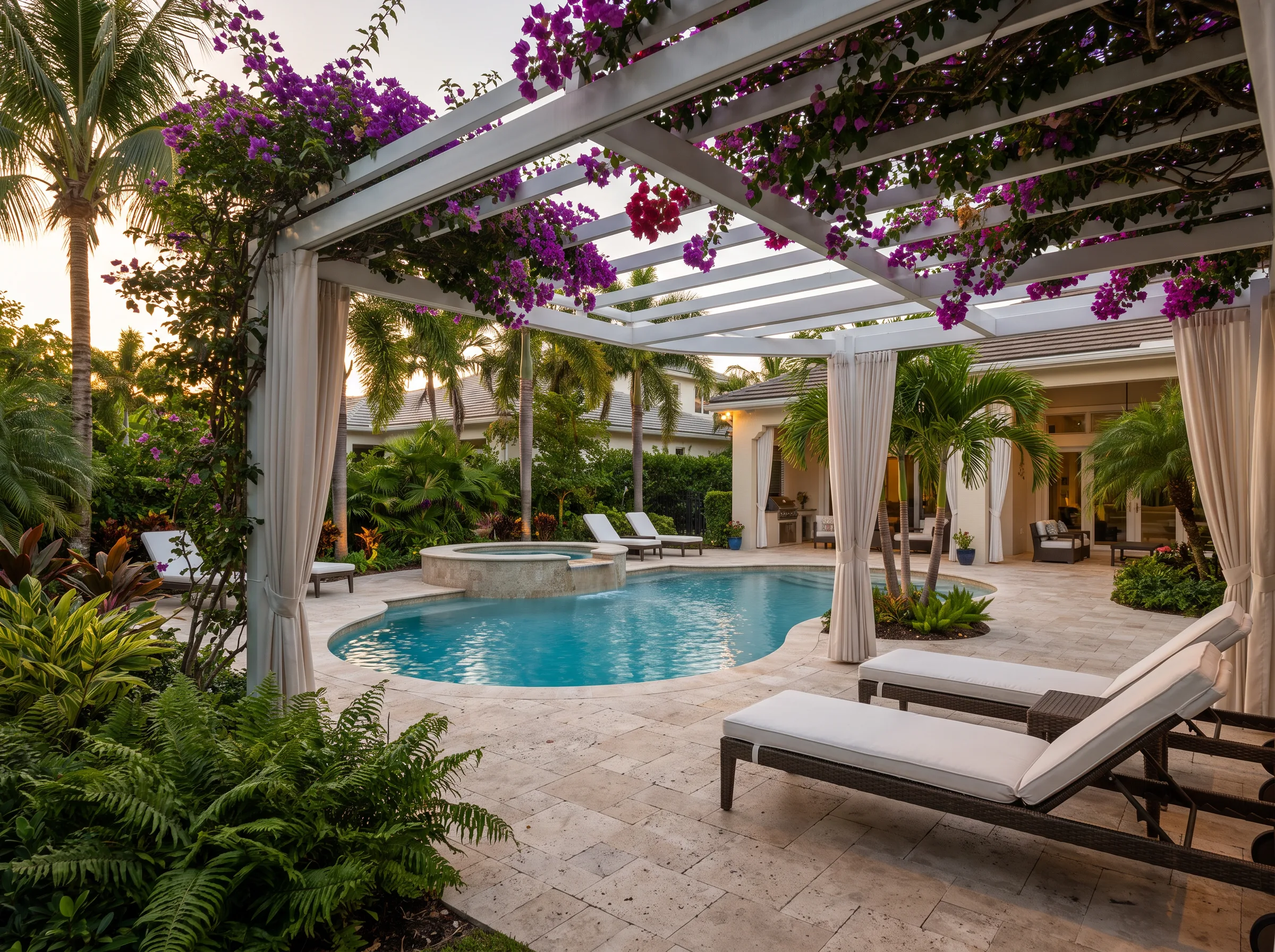 White aluminum pergola with climbing bougainvillea vines and flowing curtains shading a freeform pool and spa in a South Florida backyard