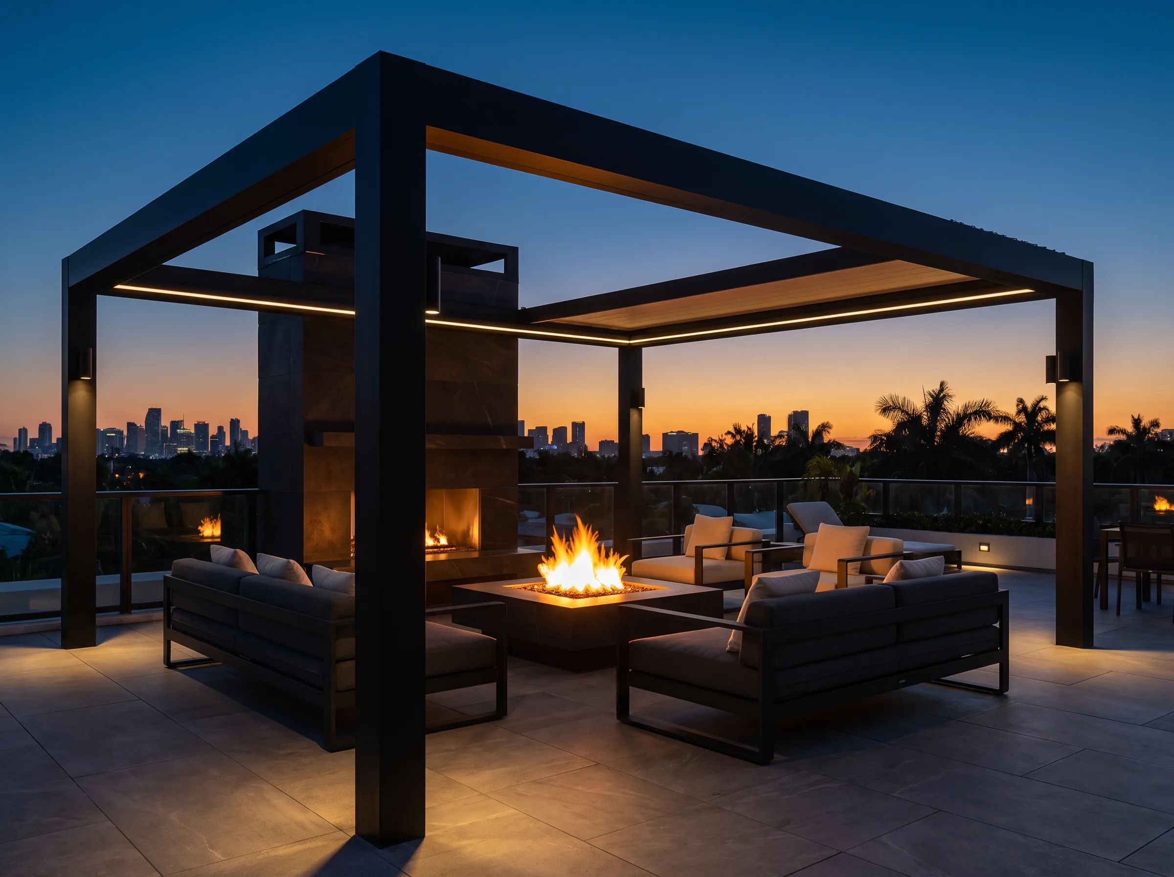 Minimalist black steel pergola with a fireplace and fire pit lounge area at dusk overlooking a city and palm tree skyline