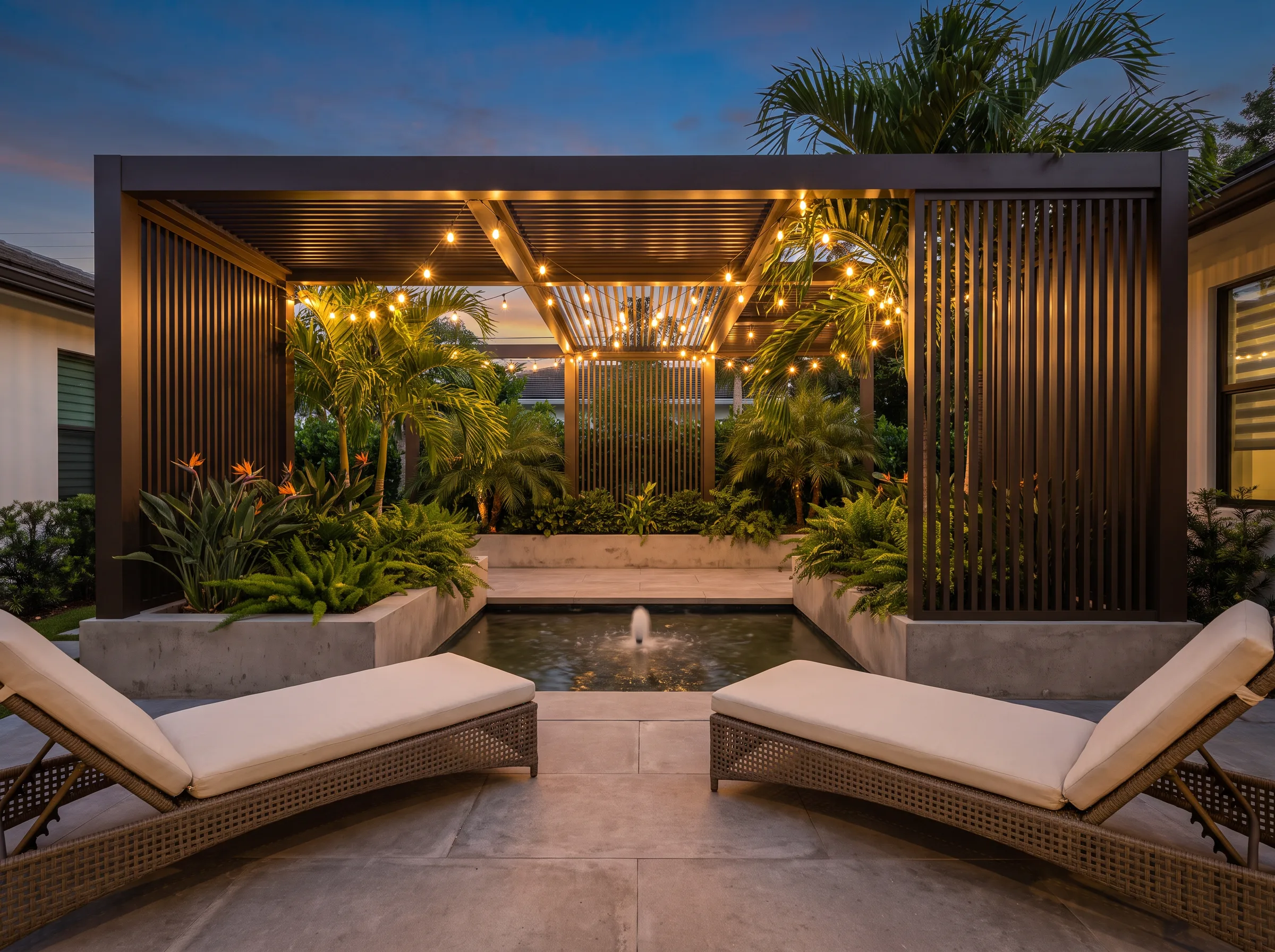 Courtyard-style aluminum pergola with vertical privacy screens, built-in planters, and a small reflecting pool with fountain in a South Florida backyard