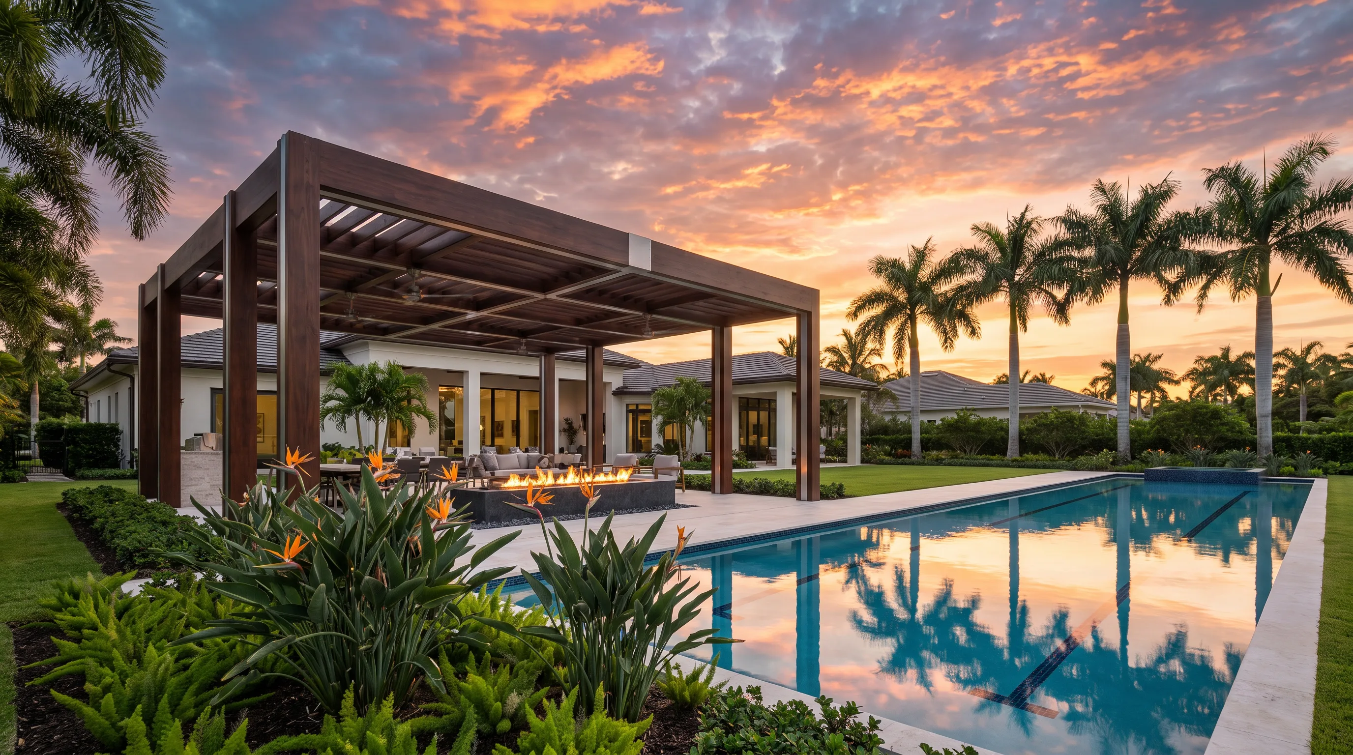Grand South Florida estate backyard at sunset with a wood and aluminum hybrid pergola beside a long lap pool lined with palm trees