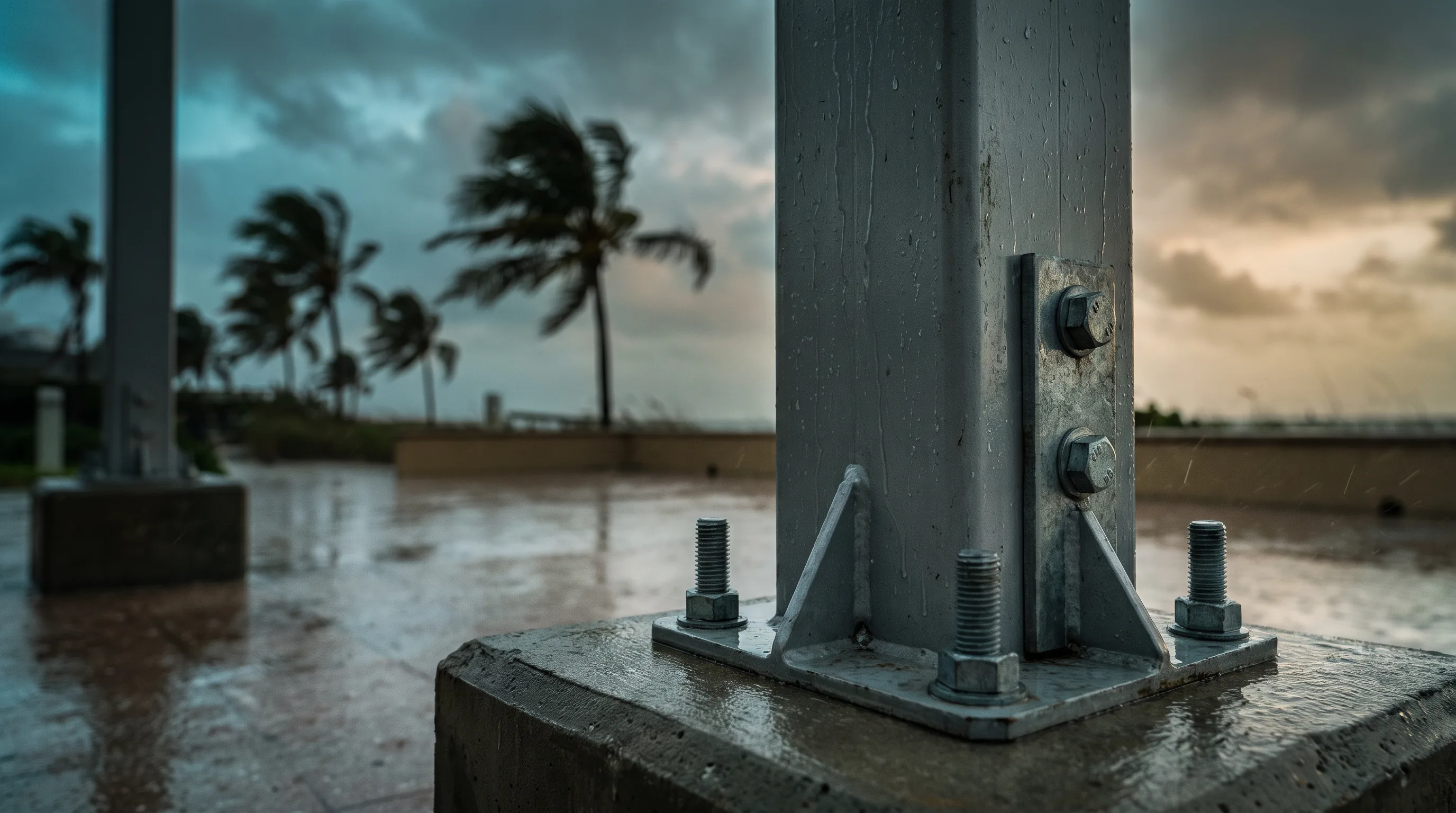 Close-up of a heavy-duty aluminum pergola post bolted into a reinforced concrete footing with storm clouds and wind-bent palm trees in the background