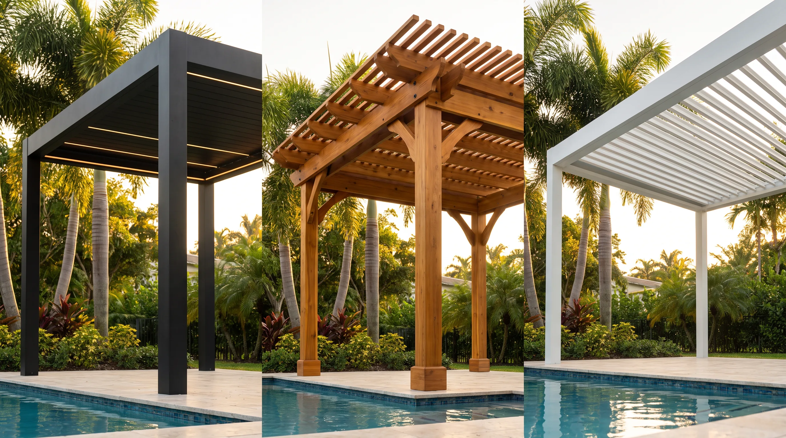 Side-by-side comparison of a matte black aluminum pergola, a natural cedar wood pergola, and a white motorized louvered pergola in South Florida backyards at golden hour