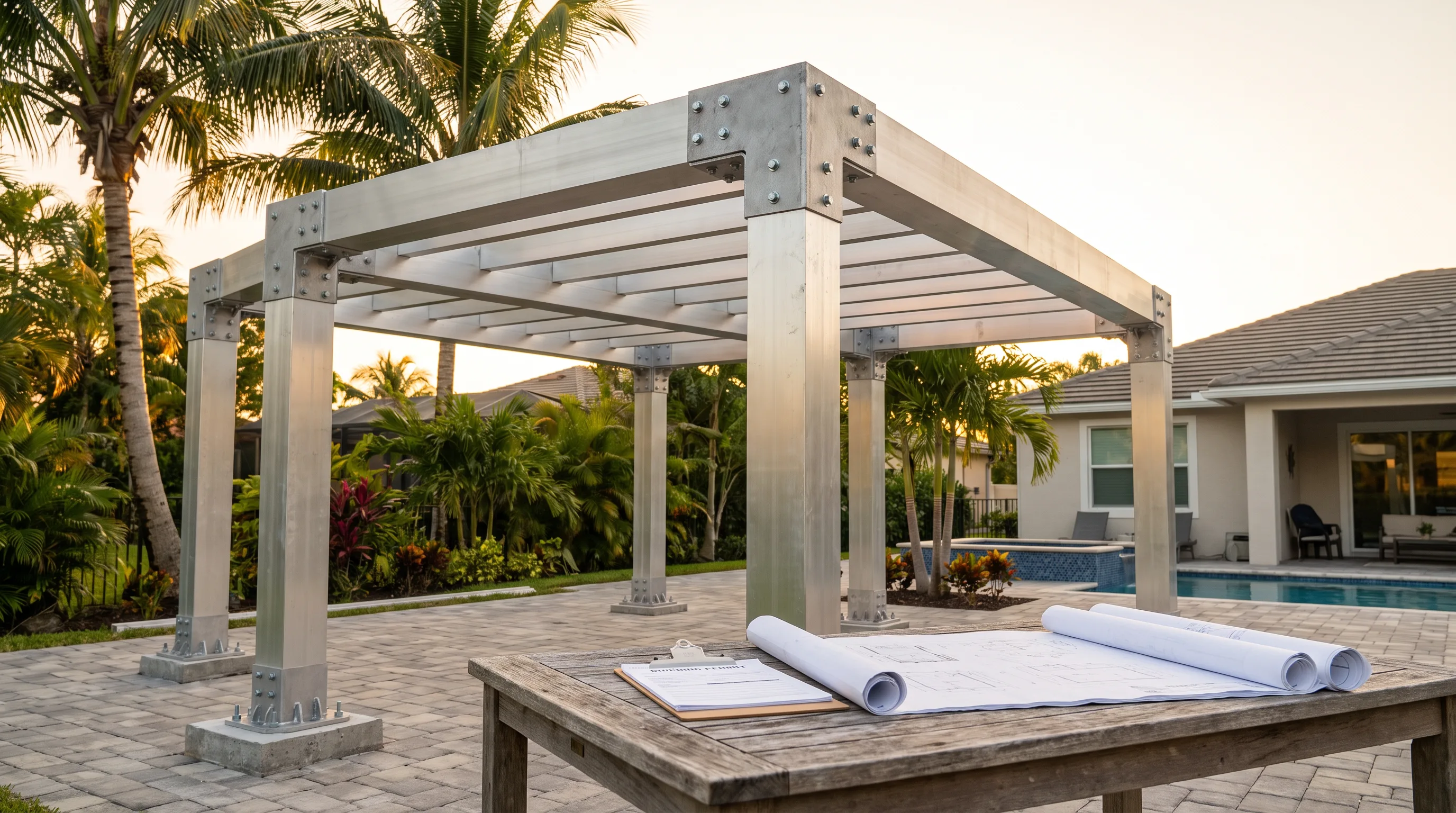 Aluminum pergola structural framing with permit blueprints and clipboard on an outdoor table in a Broward County backyard